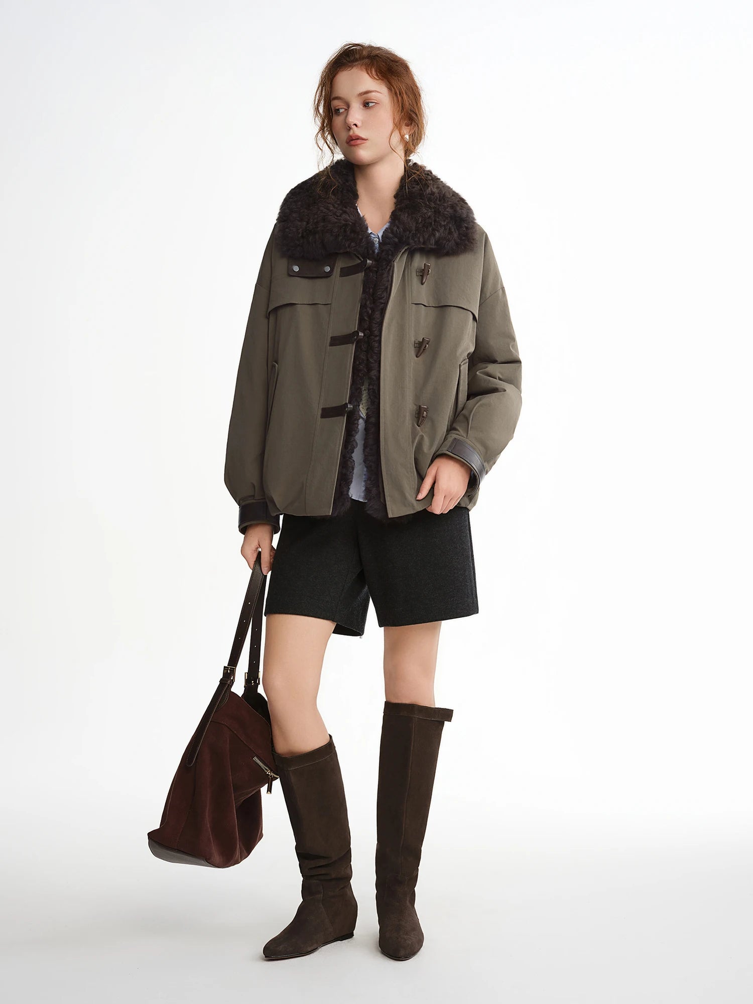 DUSHU【Lovely Christmas】2025 Winter Plus Size Block Faux Shearling Collar Short Puffer Coat Thick Lapel Hooded Cropped Jacket