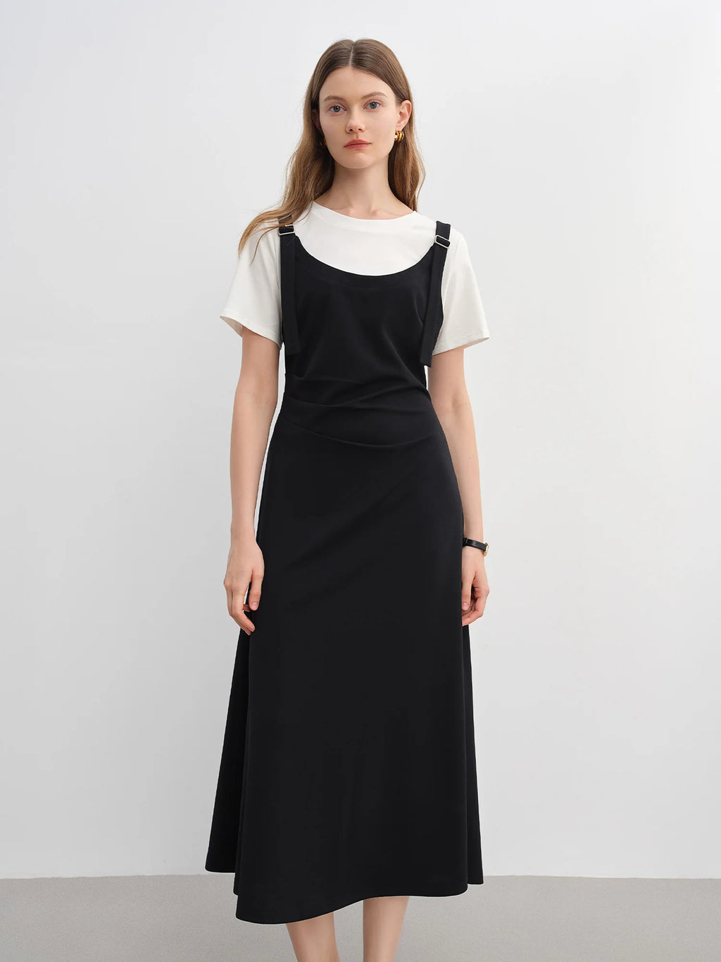 DUSHU Summer 2025 Drop Shoulder Dress - Contrast Panels Fluid Hem Resort to Office Elegant Two Tone Midi Maxi