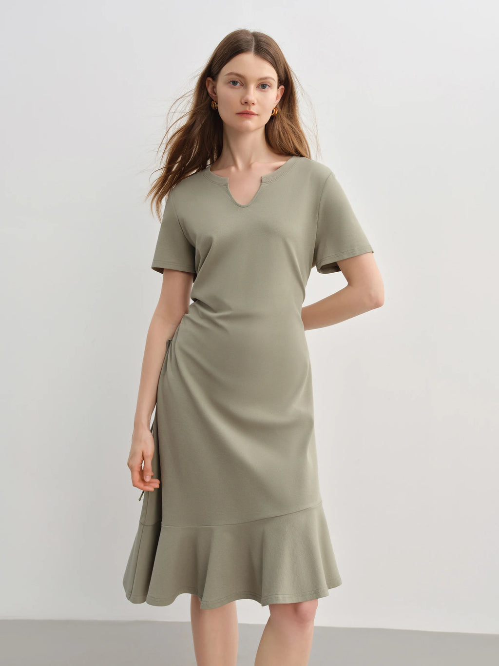DUSHU 2025 Summer Women's V-Neck Drawstring Waist Dress - Elegant Casual Flowy A-Line Midi Length