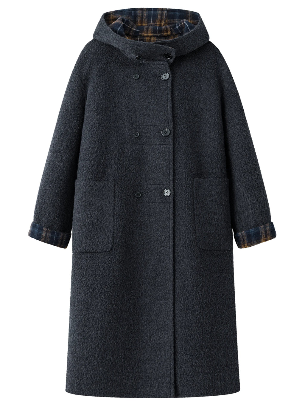DUSHU 2025 Women's Reversible Hooded Wool Blend Coat Double Faced Trench Parka British Style Outerwear Casual Long Sleeve