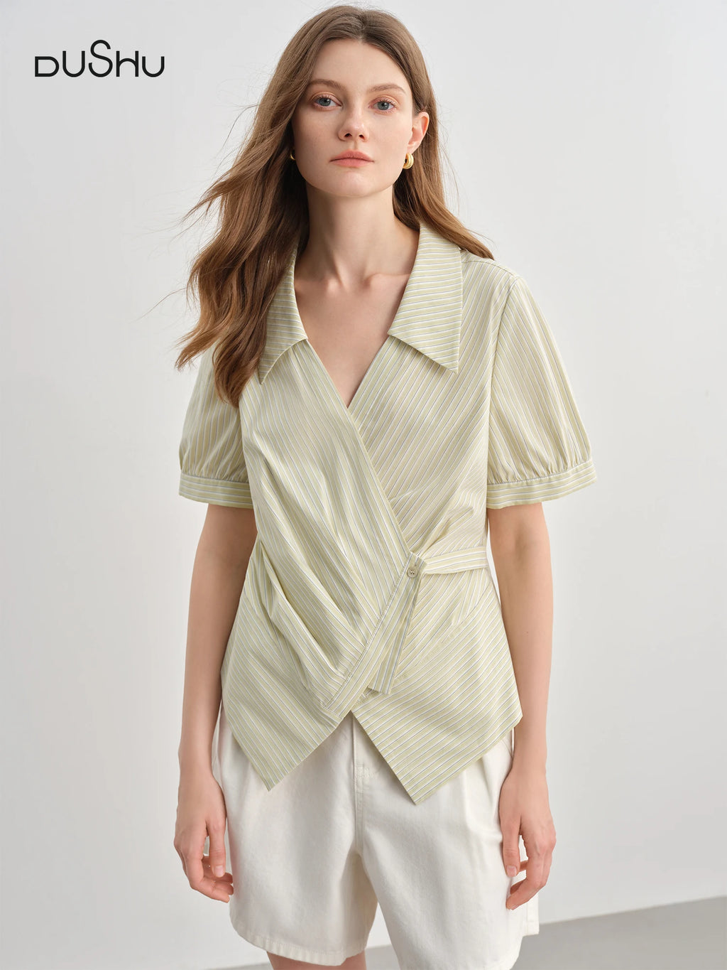 DUSHU 2025 Summer Women's Curve-Flattering Wrap-Front Shirt - V-Neck Striped Design & Breathable Fabric for Office Chic