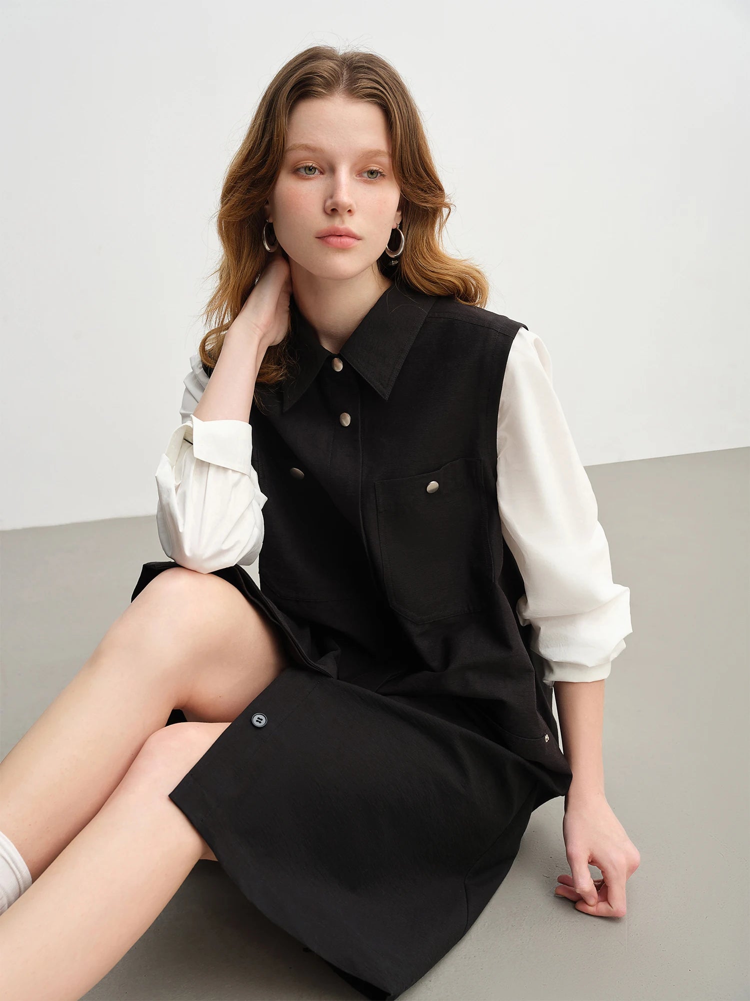 DUSHU Plus-Size Women's Color Block Mock Layer Patchwork Workwear Style Shirt Dress 2025 Autumn Fashion Commuting 25DS83144