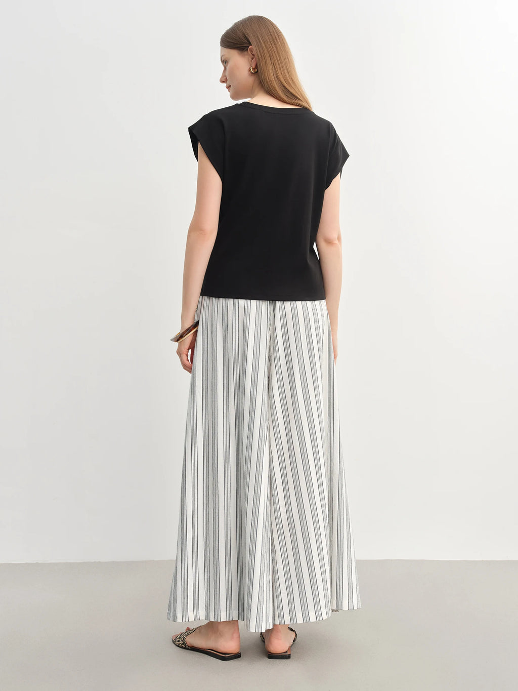 DUSHU Summer 2025 Women's Textured Cotton-Linen Wide Leg Pants - Minimalist Stripe Drawstring Waist Relaxed Fit for Resort