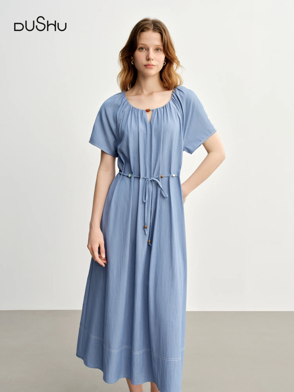 DUSHU Summer 2025 Textured Pleat Dress - Fluid Bead Adjustable Tie Maxi Resort to Office Elegant Silhouette