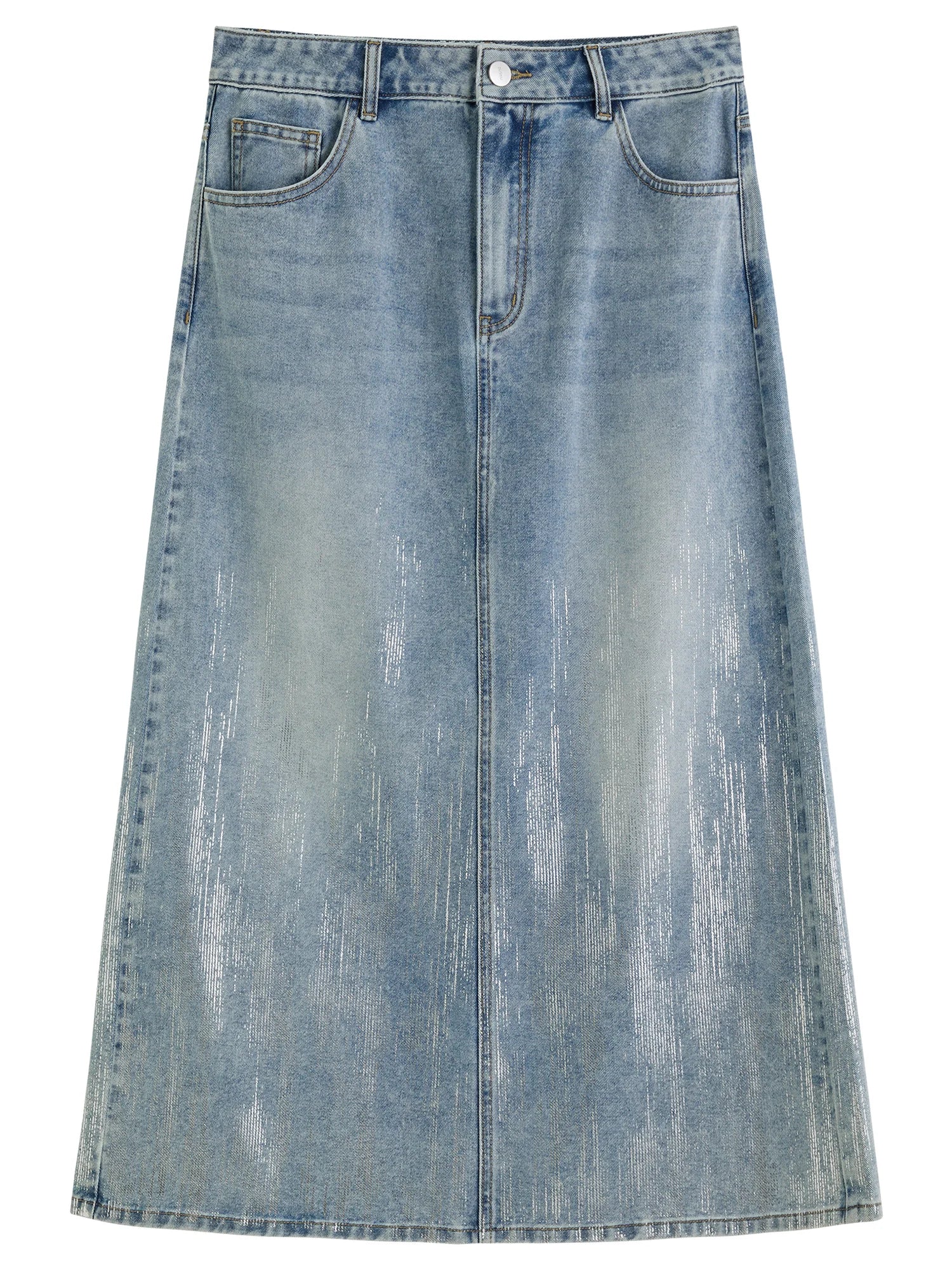 DUSHU Size Inclusive Womens Fashion Silver Pressed Denim Skirt for Summer 2025 High Waist Slimming Mid Length 25DS82068