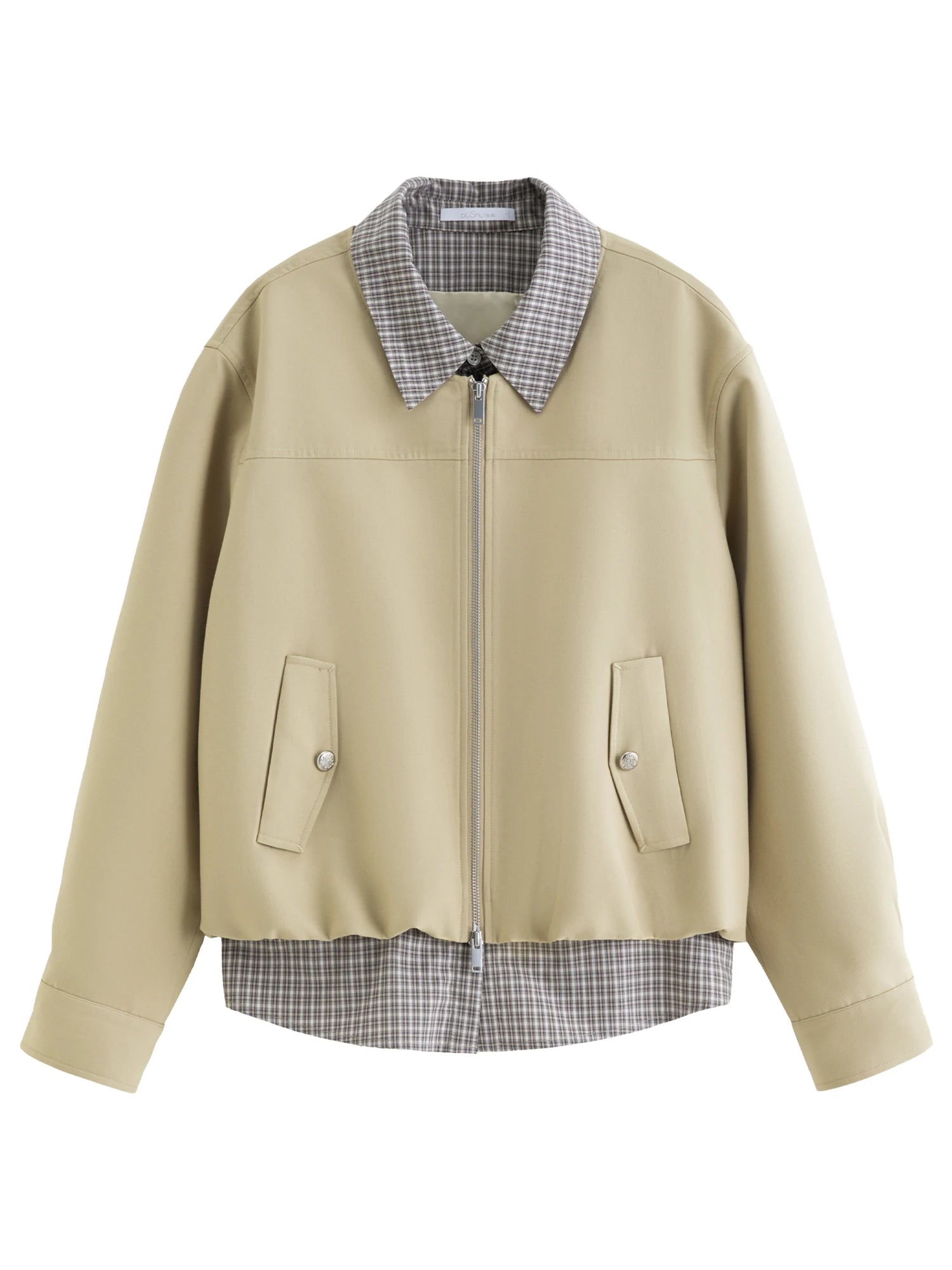 DUSHU 2025 Spring Women Faux Two-Piece Plaid Panel Short Jacket - Retro Flattering Fit Cropped Outerwear for Casual Daily Wear