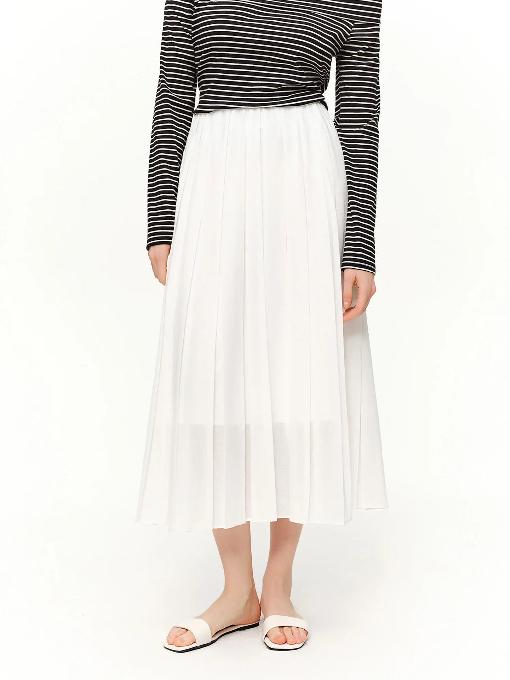 DUSHU 2026 Spring Women's A-Line Pleated Midi Skirt - Elegant Flowly Long Skirt with High Waist for Casual and Office Wear