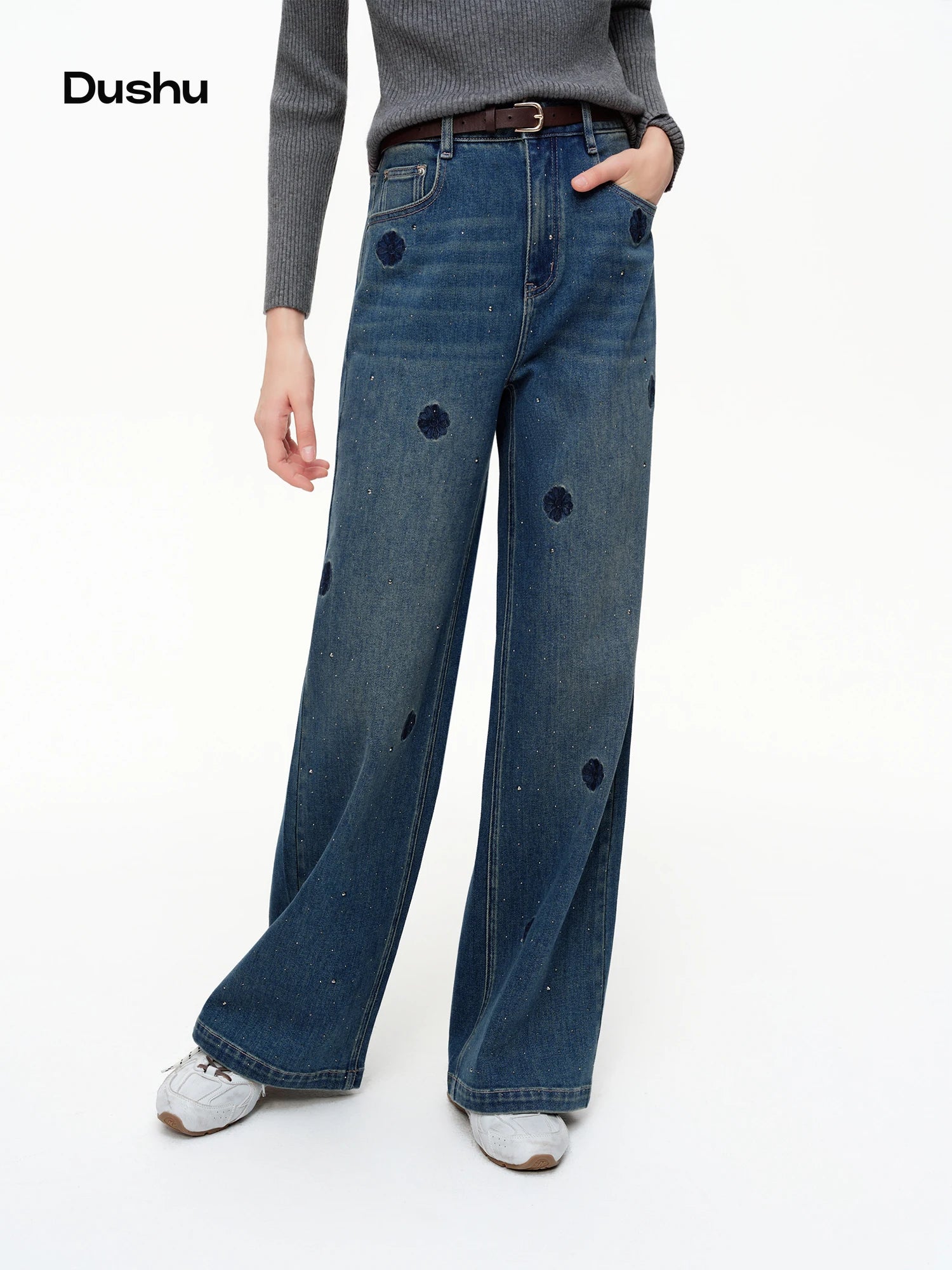 DUSHU 【Crinkle Diamond Denim】Vintage-Style Straight-Leg Jeans 2026 Spring New Arrival Slim-Fit Floor Lenghth Denim Blue Jeans