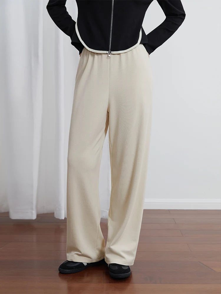 DUSHU Casual Long and Short Code Elastic Waist Design Loose Straight Leg Pants for Women Autumn New All-match Solid Color Pants