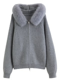 DUSHU 2025 Winter Women's Detachable Faux Fur Hooded Knit Cardigan - Long Sleeve Open Front Cozy Sweater for Casual Outerwear