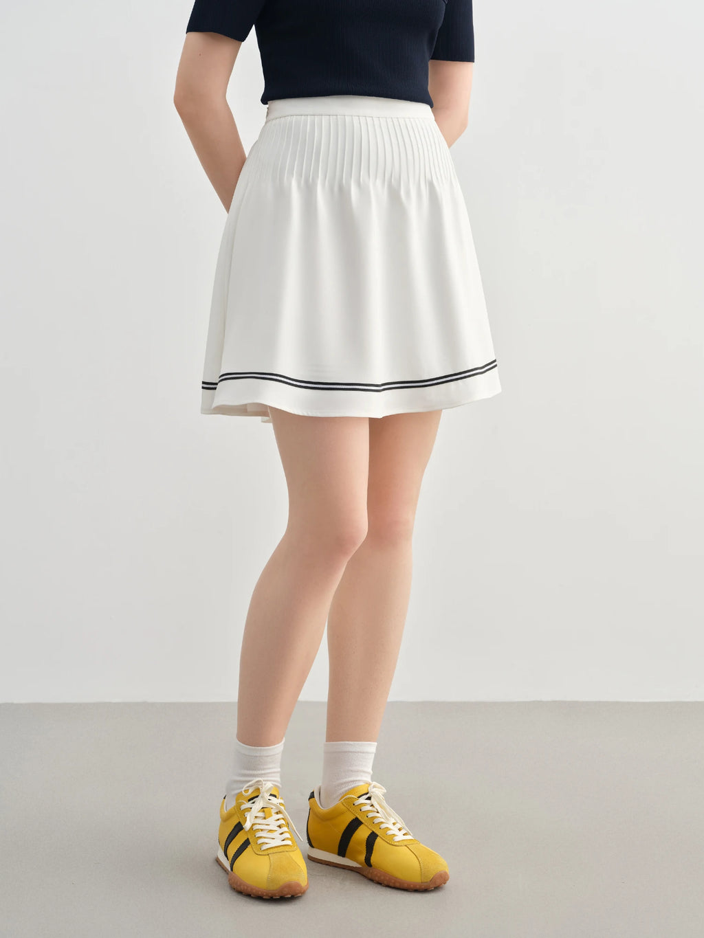 DUSHU Plus-Size Women's Preppy High-Waisted Contrast Fabric Skirt - Slimming 2025 Summer New Design White Skirts 25DS82441