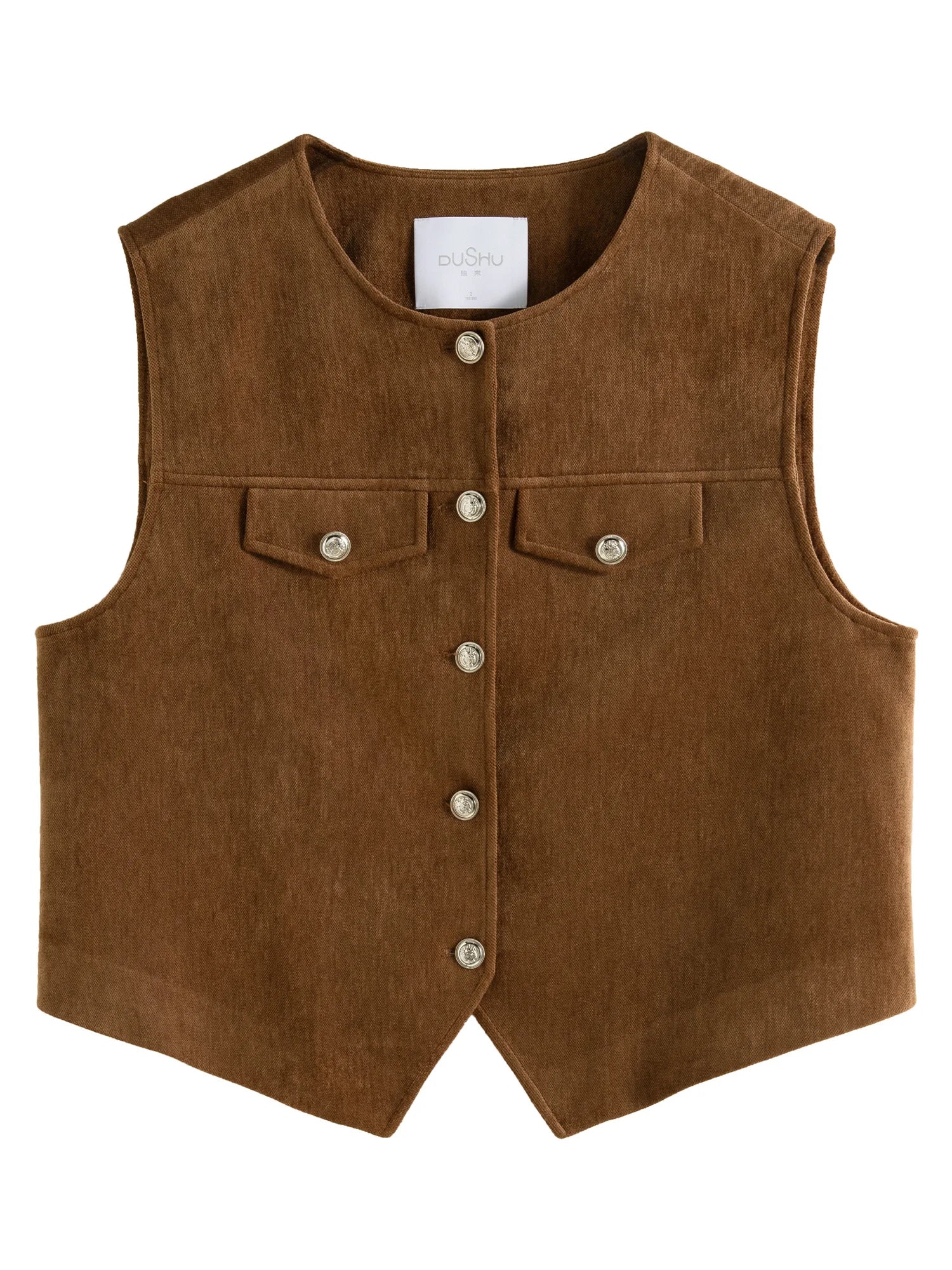 DUSHU Women Vest Sets Brown Short Vest Coats Back Elastic Waist Long A-LINE Skirt Pullover Tops 24DS84604+24DS84605+24DS84606