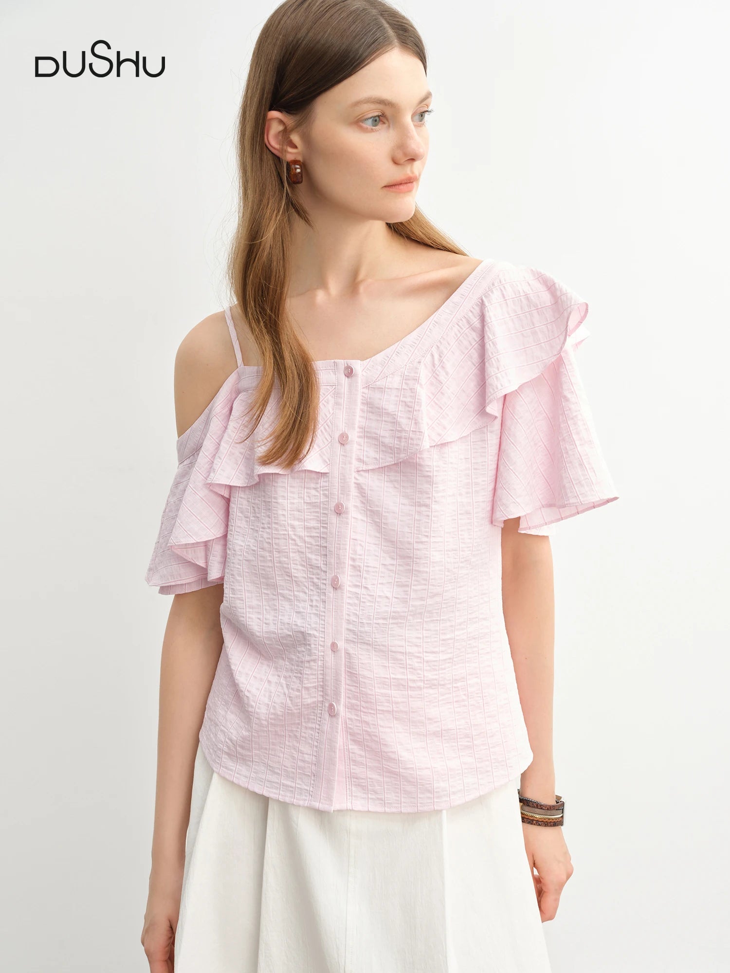 DUSHU 2025 Summer New Style Plus Size Women's Asymmetric Off-Shoulder Ruffled Shirt for Plus-Size Girls Blouses Tops 25DS82414