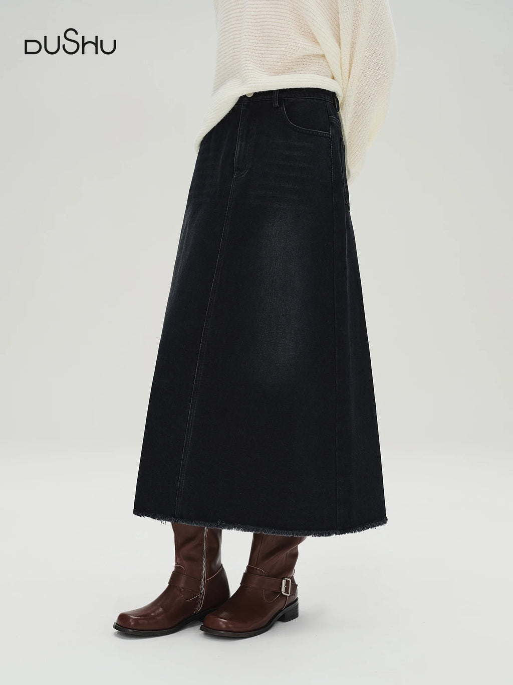 DUSHU Plus Size Women's Black Denim Skirt High Waist Slimming Long Midi Skirt 2025 Autumn Winter New Classic Stretch Casual Wear
