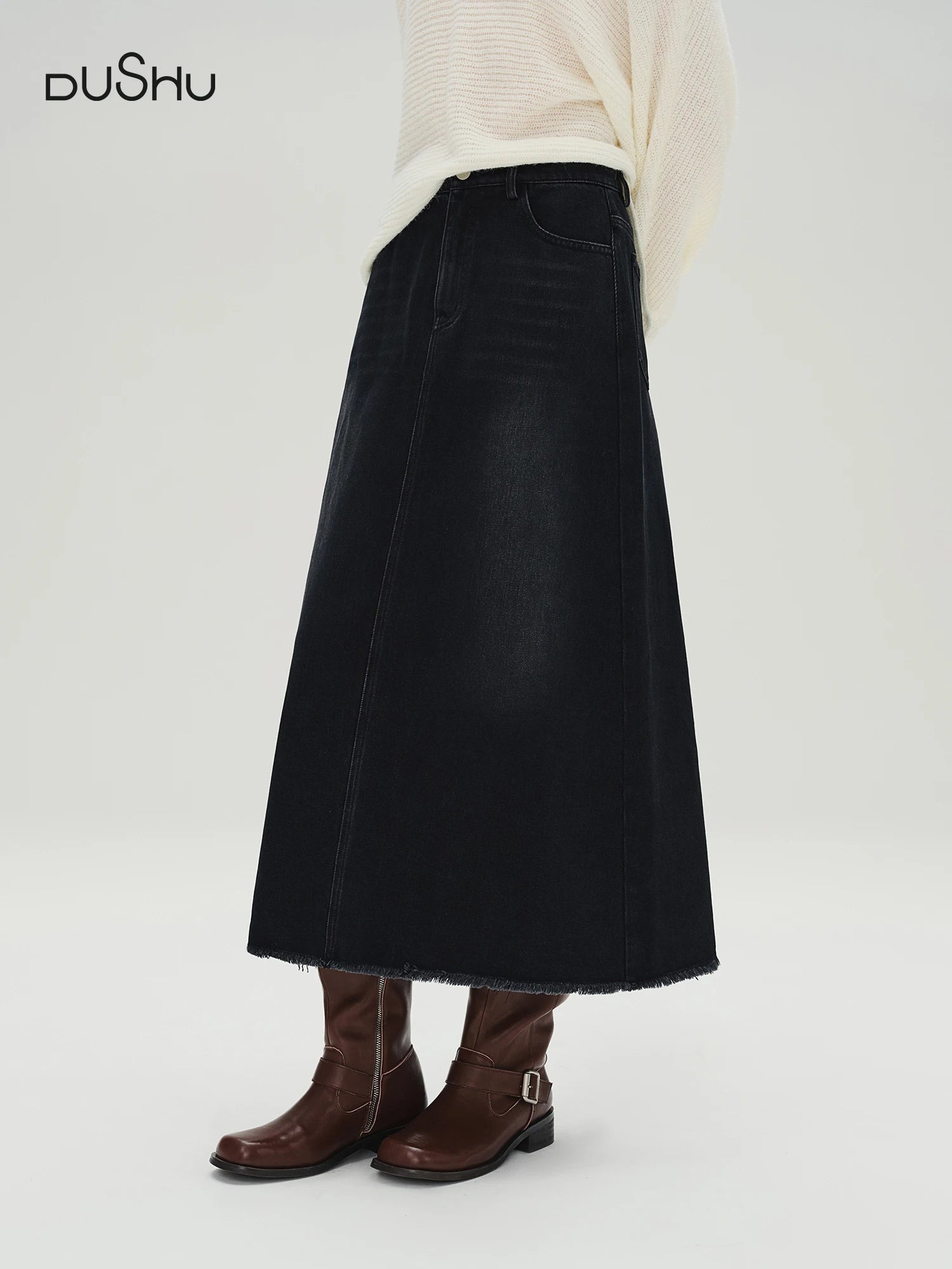 DUSHU Plus Size Women's Black Denim Skirt High Waist Slimming Long Midi Skirt 2025 Autumn Winter New Classic Stretch Casual Wear