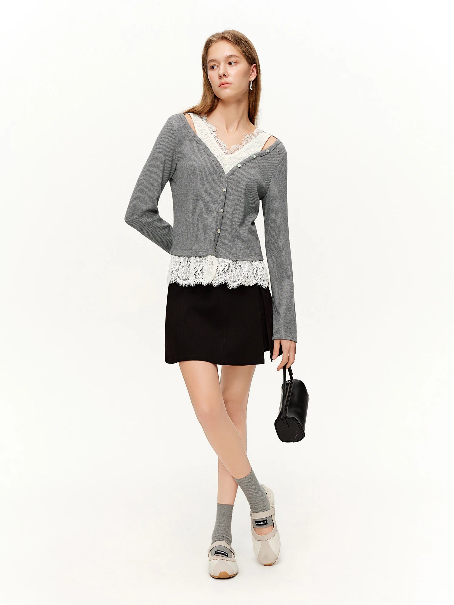 DUSHU Women's Stylish Two-Piece Style Soft Lace Detailing T-Shirt Spring 2026 New Arrival Long Sleeves Tops Light Grey T-Shirts