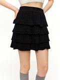 DUSHU Ruffled Knitted Skirt Spring Black Elastic Waist Cake Mini Skirt Ruched Ruffles Sweet Straight Leisure Korean Style