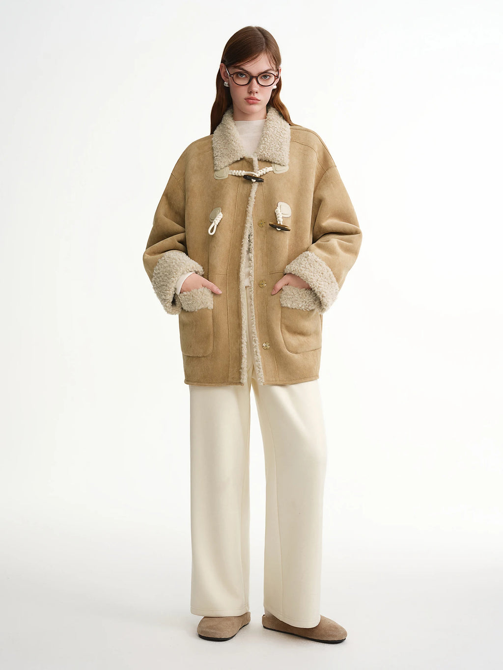 DUSHU 2025 Winter Women's Faux Shearling Coat with Horn Buttons - Plush Mid-Length Outerwear for Casual and Daily Warm Wear