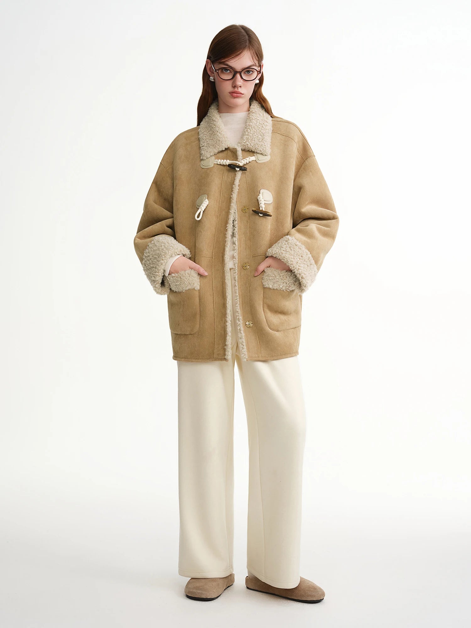 DUSHU 2025 Winter Women's Faux Shearling Coat with Horn Buttons - Plush Mid-Length Outerwear for Casual and Daily Warm Wear
