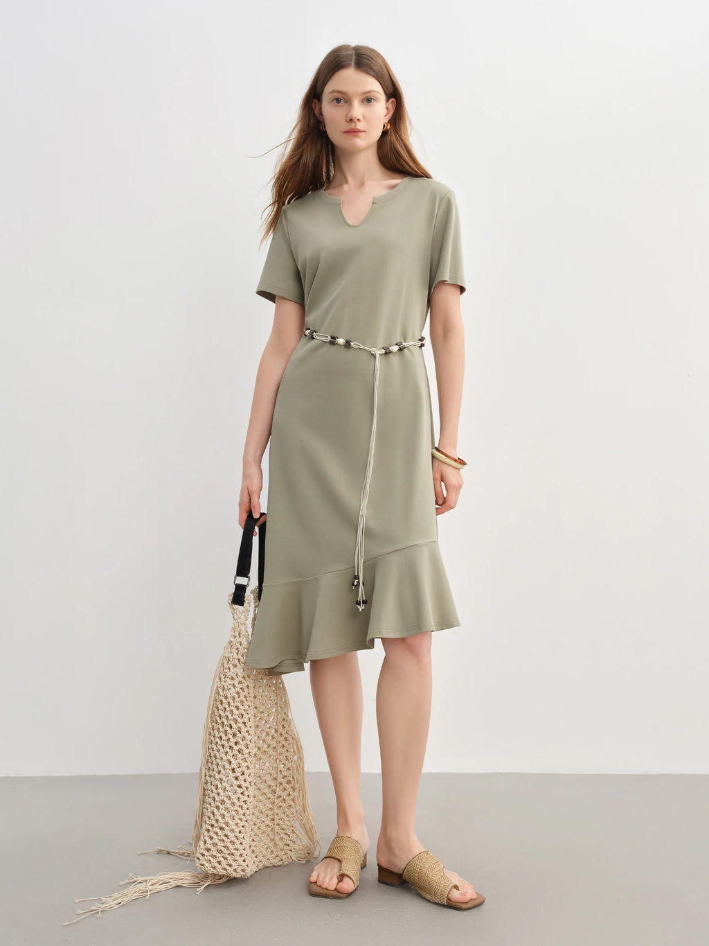 DUSHU 2025 Summer Women's V-Neck Drawstring Waist Dress - Elegant Casual Flowy A-Line Midi Length