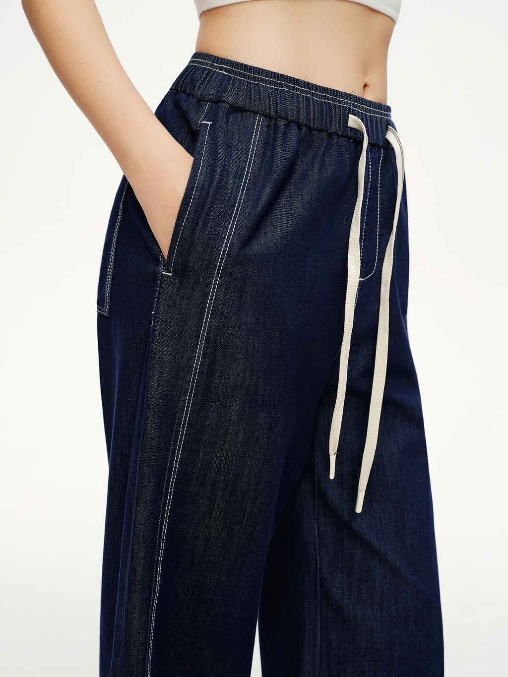 DUSHU 2026 Spring Women's Contrast Topstitching Straight Leg Jeans, Elastic Drawstring Waist Casual Pants for Y2K Street Style