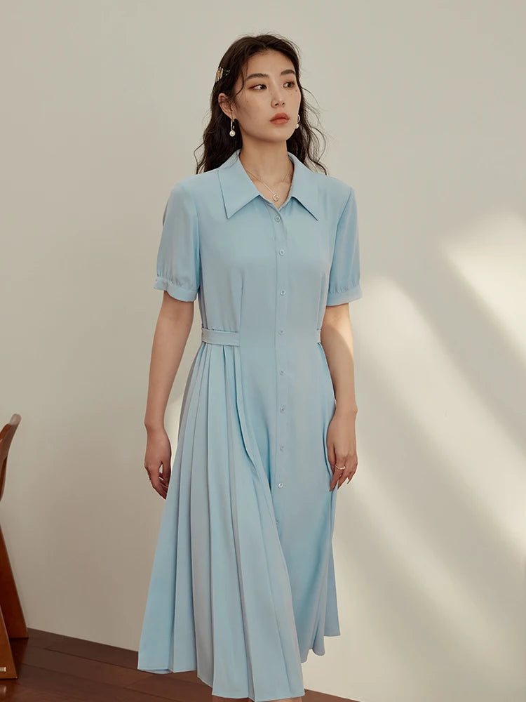 DUSHU Temperament Commuter Tie Waist Shirt Dress for Women Summer New Office Lady Necessary Solid Color Long Shirt Dress Female