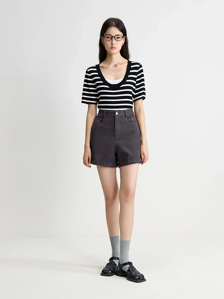 DUSHU Fashionable Dark Grey Summer Casual Versatile Women Denim Shorts 2024 Summer New Cleanfit Shorts For Female 24DS82690