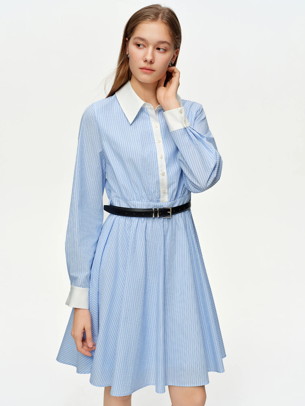 DUSHU 2026 Spring Women's Academic Style Blue White Striped Shirt Dress - Belted Waist A-Line Mid-Length Casual Dress for Campus