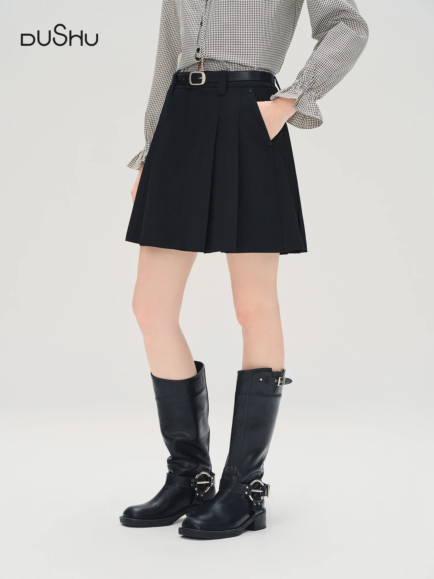 DUSHU Plus Size Women's High Waist A-line Pleated Skirt 2025 Autumn New Fashion All-match Skirt Versatile Retro Style 25DS83214