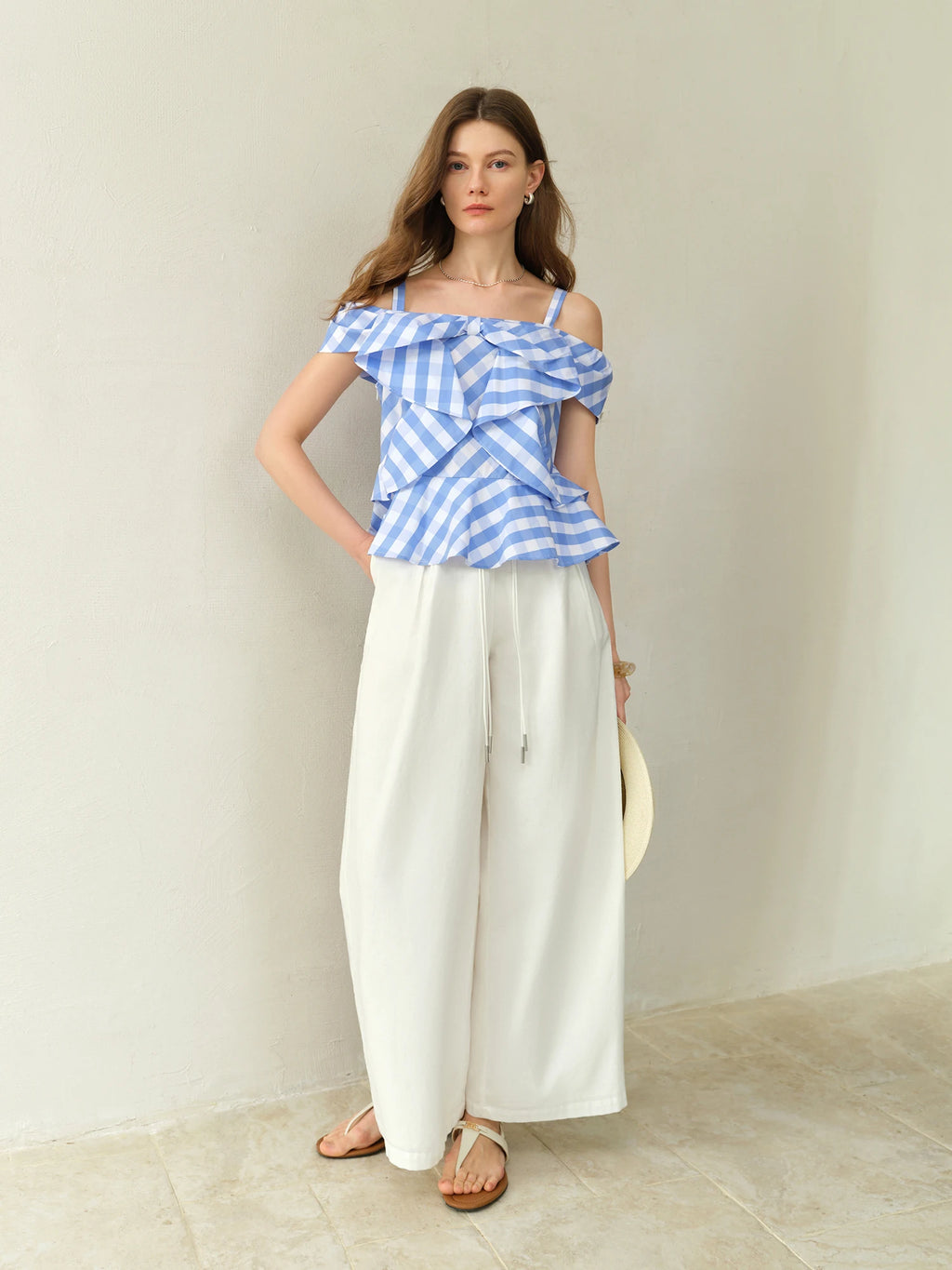 DUSHU 2025 Summer Women's Asymmetric Checkered Blouse - Slim-Fit Geometric Print & Relaxed Casual Chic 25DS82394