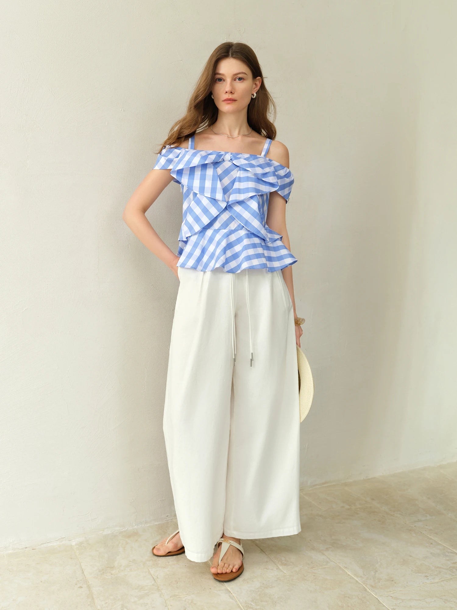 DUSHU 2025 Summer Women's Asymmetric Checkered Blouse - Slim-Fit Geometric Print & Relaxed Casual Chic 25DS82394