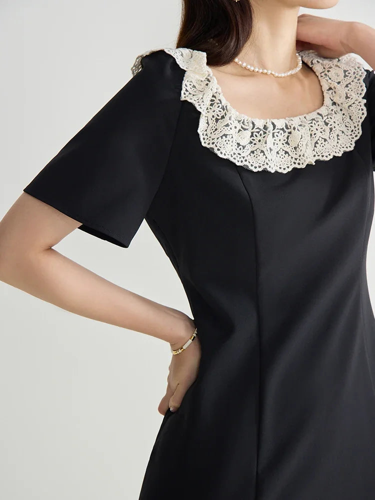 DUSHU Women Long Black A-LINE Dress Neckline Lace Design Female Short Sleeve High Waist Polyester Split Dresses 24DS82682