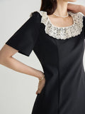 DUSHU Women Long Black A-LINE Dress Neckline Lace Design Female Short Sleeve High Waist Polyester Split Dresses 24DS82682