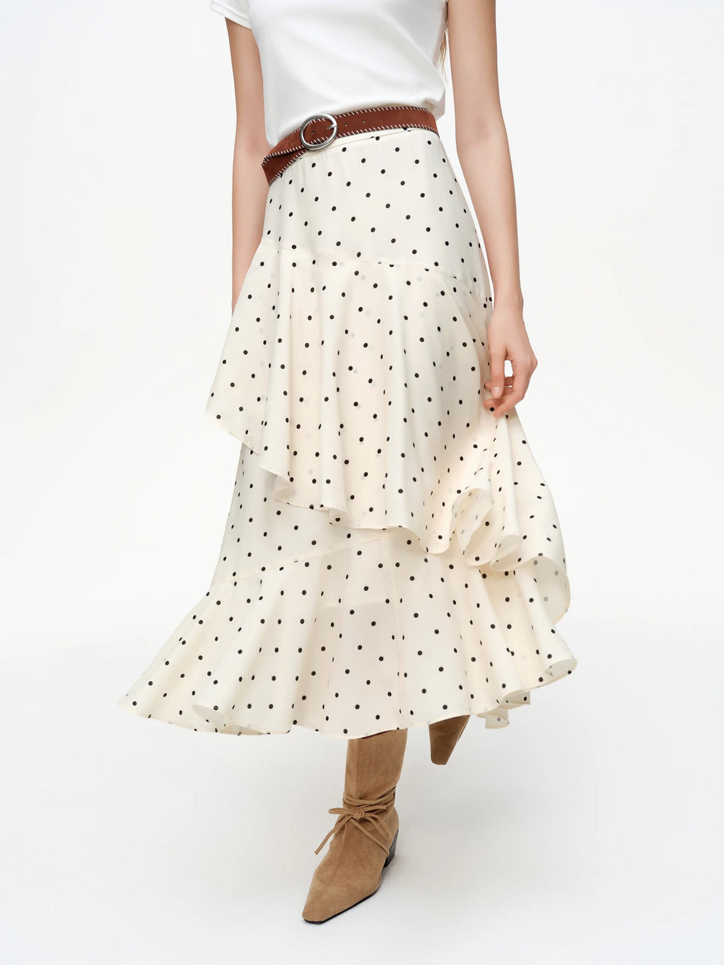 DUSHU 【Polka Dot Waltz】Women's Irregular Ruffled Hem Midi Skirt 2026 Spring New Arrival Skirt Collection Circular Dot Mini Skirt