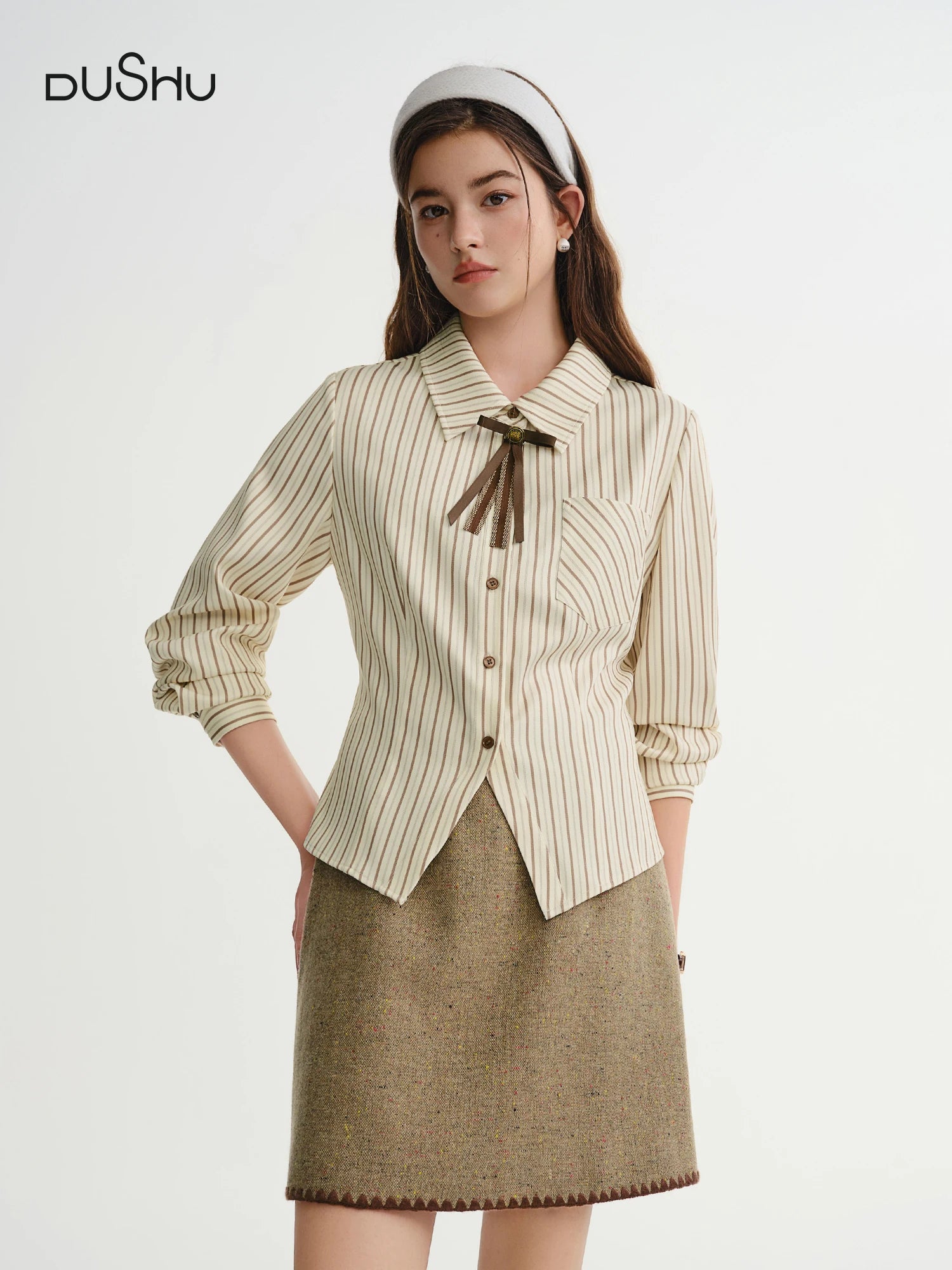 DUSHU Plus Size Women's Clothing Coco Layers Vintage College Style Caramel Striped Shirt Winter Commuter Top 2025 New Shirts