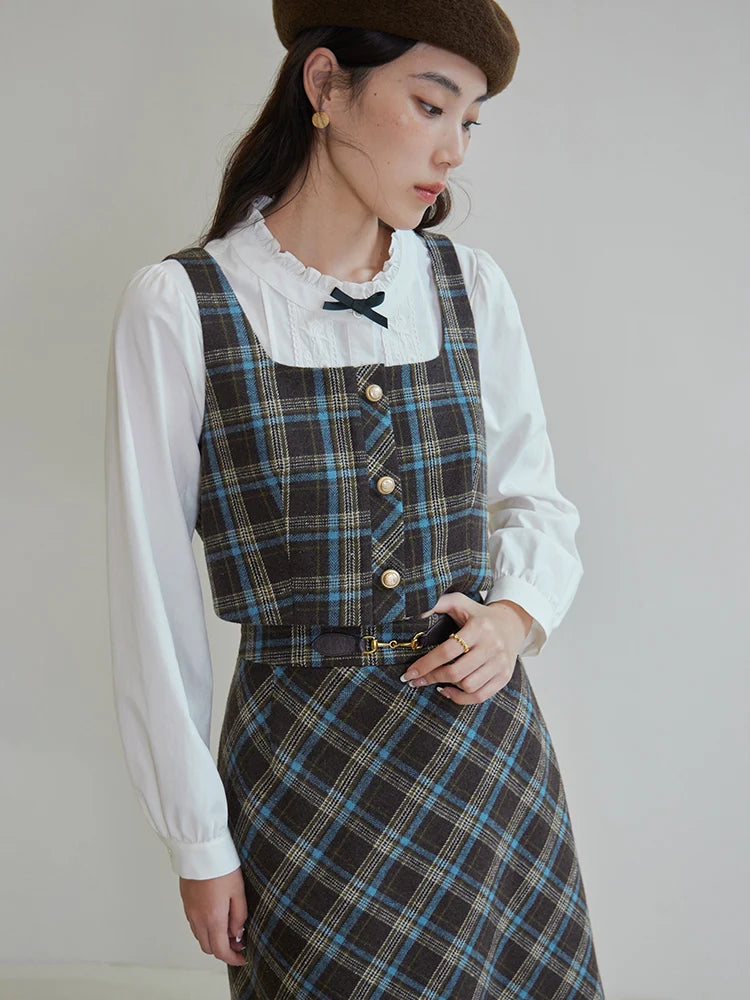 DUSHU Women Brown Blue Plaid British Style Vest Skirt Sets Camisole Long A-LINE Skirts Office Lady Thicken 5.4% Wool Set