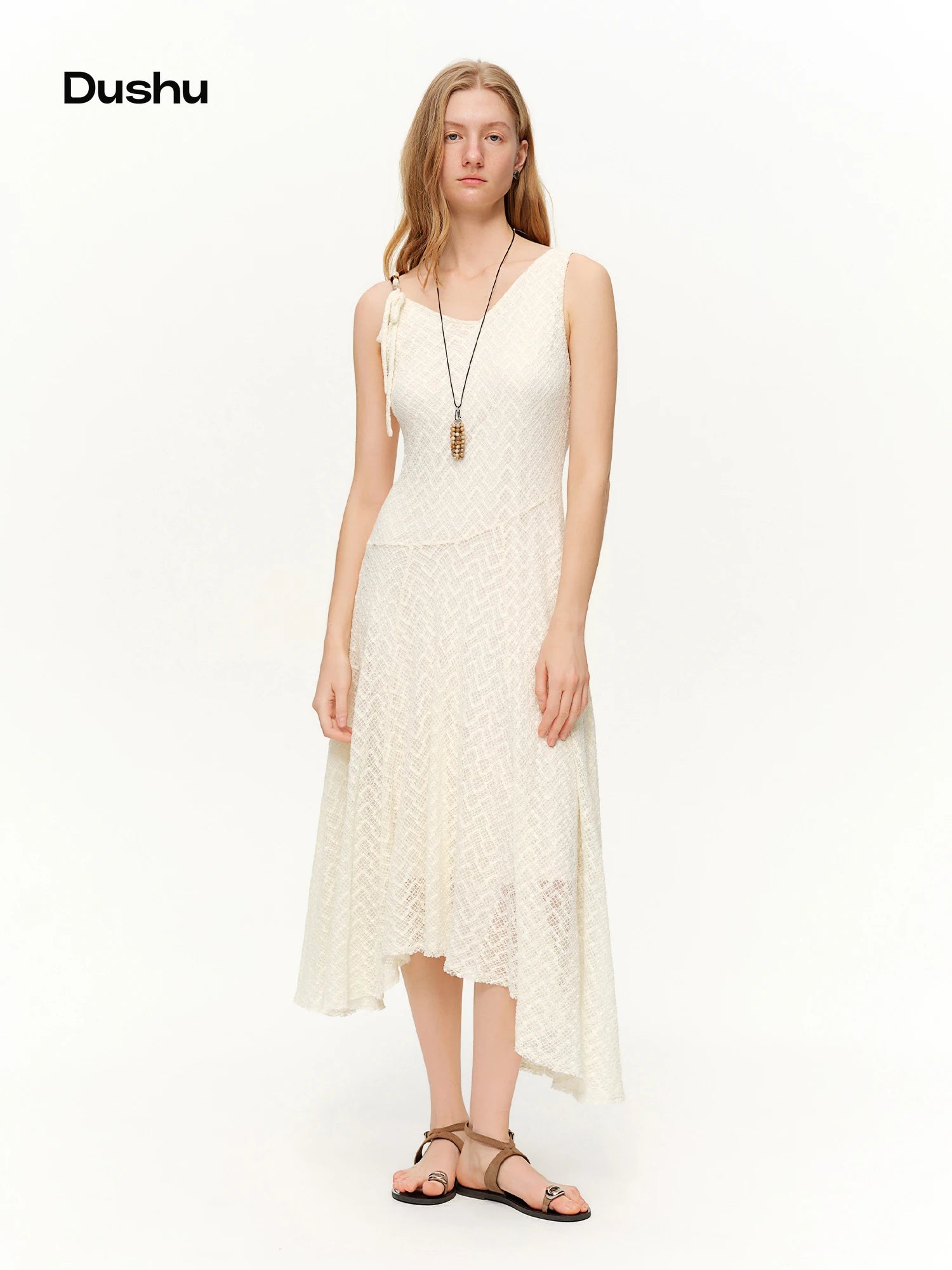 DUSHU Lace Mesh Irregular V-neck Dress New Spring White High-waisted Slim Suspender Pleated Sundress Fairycore Tender Leisure