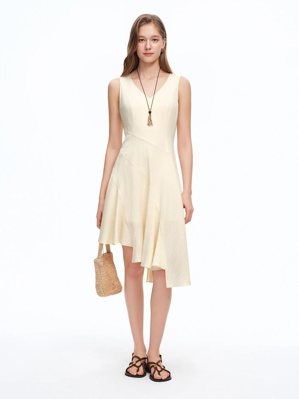 DUSHU Women's Asymmetrical Wave Hem Backless Crop Top Dress Bias Cut Waist-tightening Summer 2026 New Arrival Lyocell Dresses