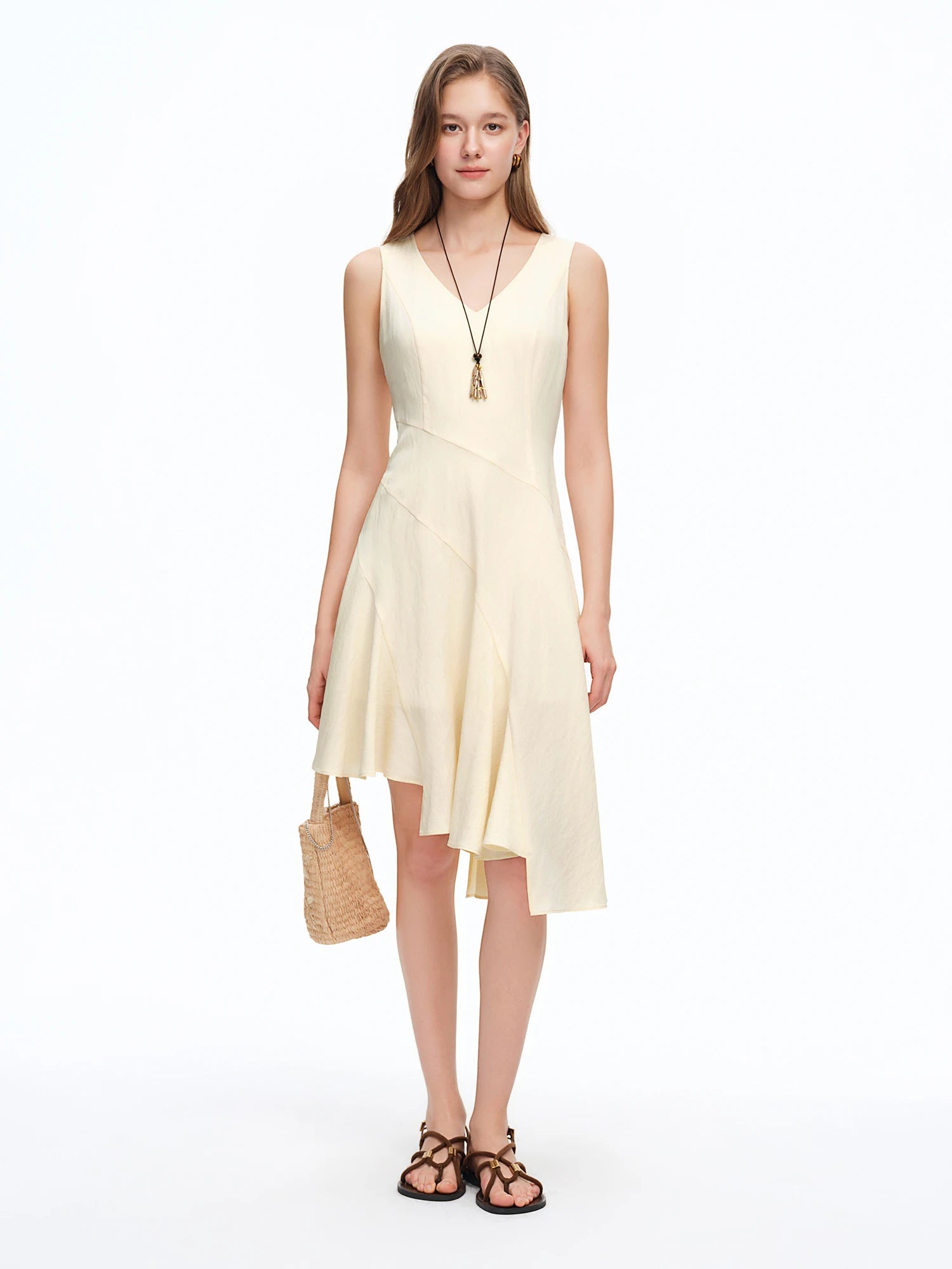 DUSHU Women's Asymmetrical Wave Hem Backless Crop Top Dress Bias Cut Waist-tightening Summer 2026 New Arrival Lyocell Dresses