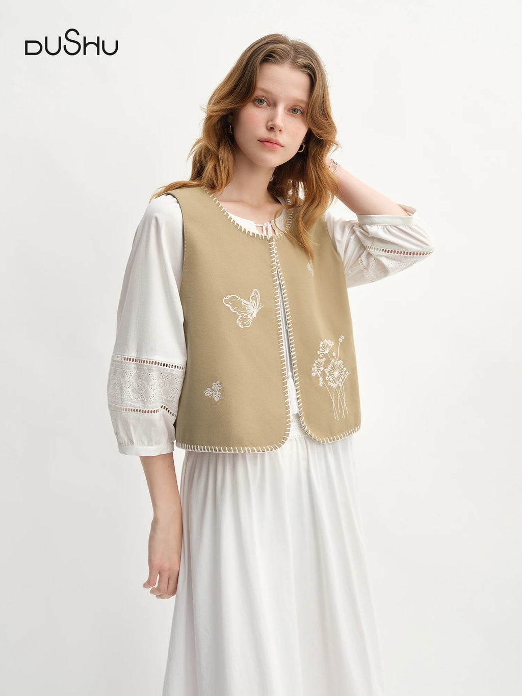 DUSHU Autumn 2025 Floral Embroidered Vest - Chic Sleeveless Layering Piece Office Ready Women Casual Top