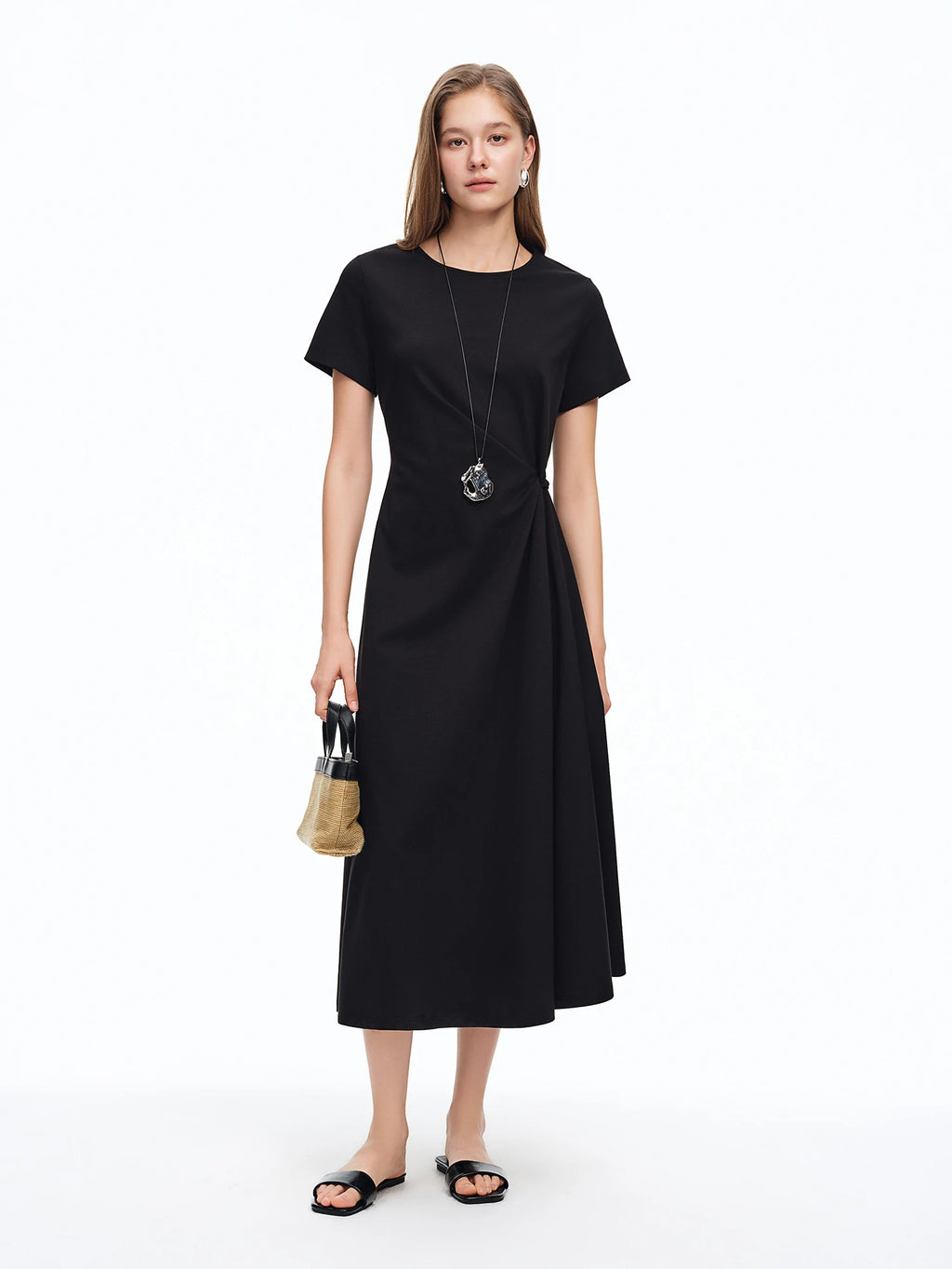 DUSHU Women's Minimalist Black Knot Waist-cinching Dress Summer 2026 New Arrival Elegant Styled Long Dress Simple Cotton Dresses