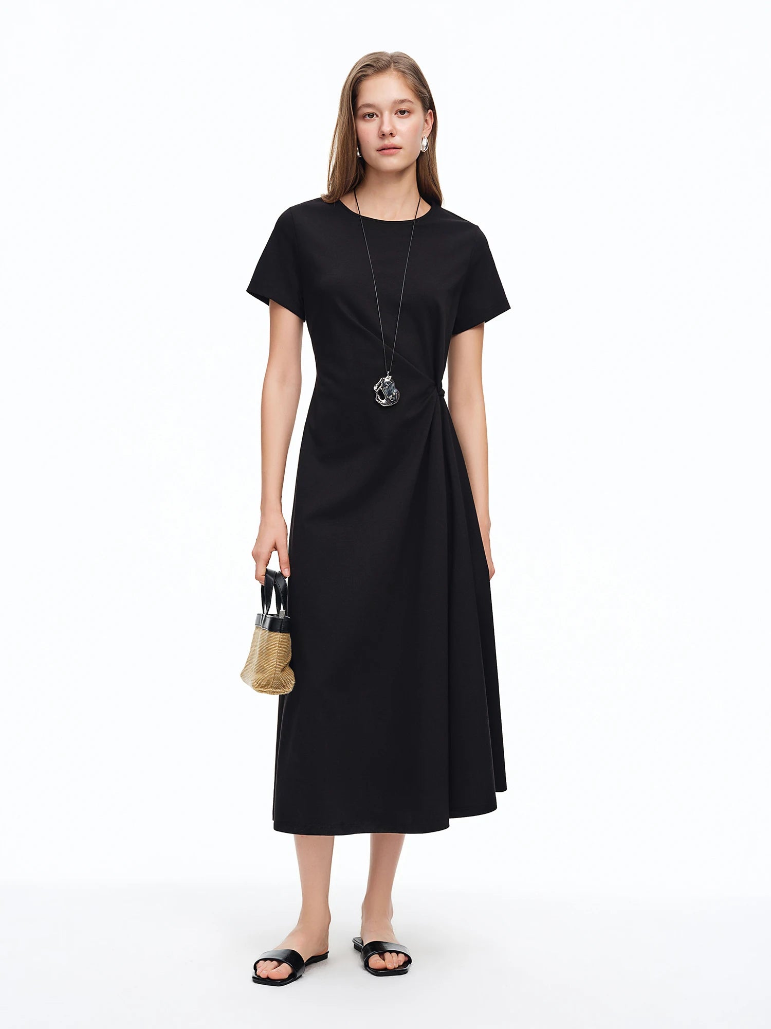 DUSHU Women's Minimalist Black Knot Waist-cinching Dress Summer 2026 New Arrival Elegant Styled Long Dress Simple Cotton Dresses