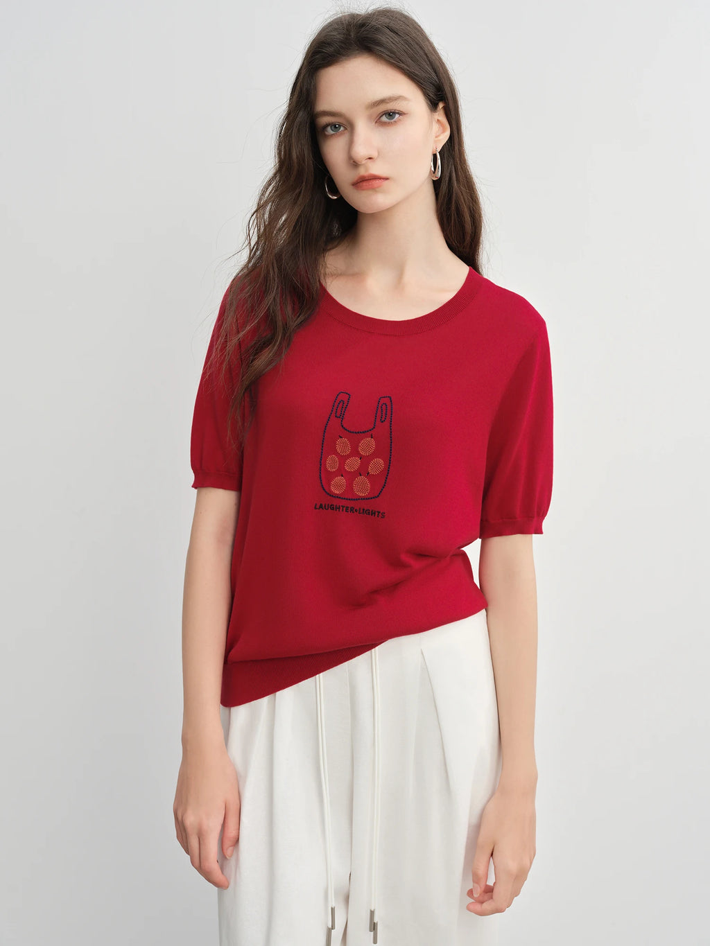 DUSHU Plus Size Women Top Lyocell T-shirt Summer 2025 New Arrival Fruit Embroidery Short-sleeved Knitted Sweater Top 25DS82856