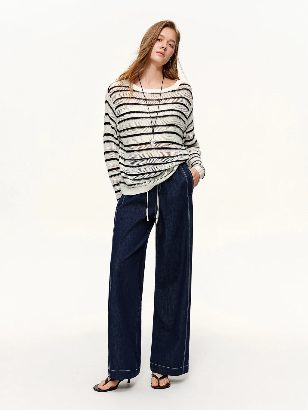 DUSHU 2026 Spring Women's Contrast Topstitching Straight Leg Jeans, Elastic Drawstring Waist Casual Pants for Y2K Street Style
