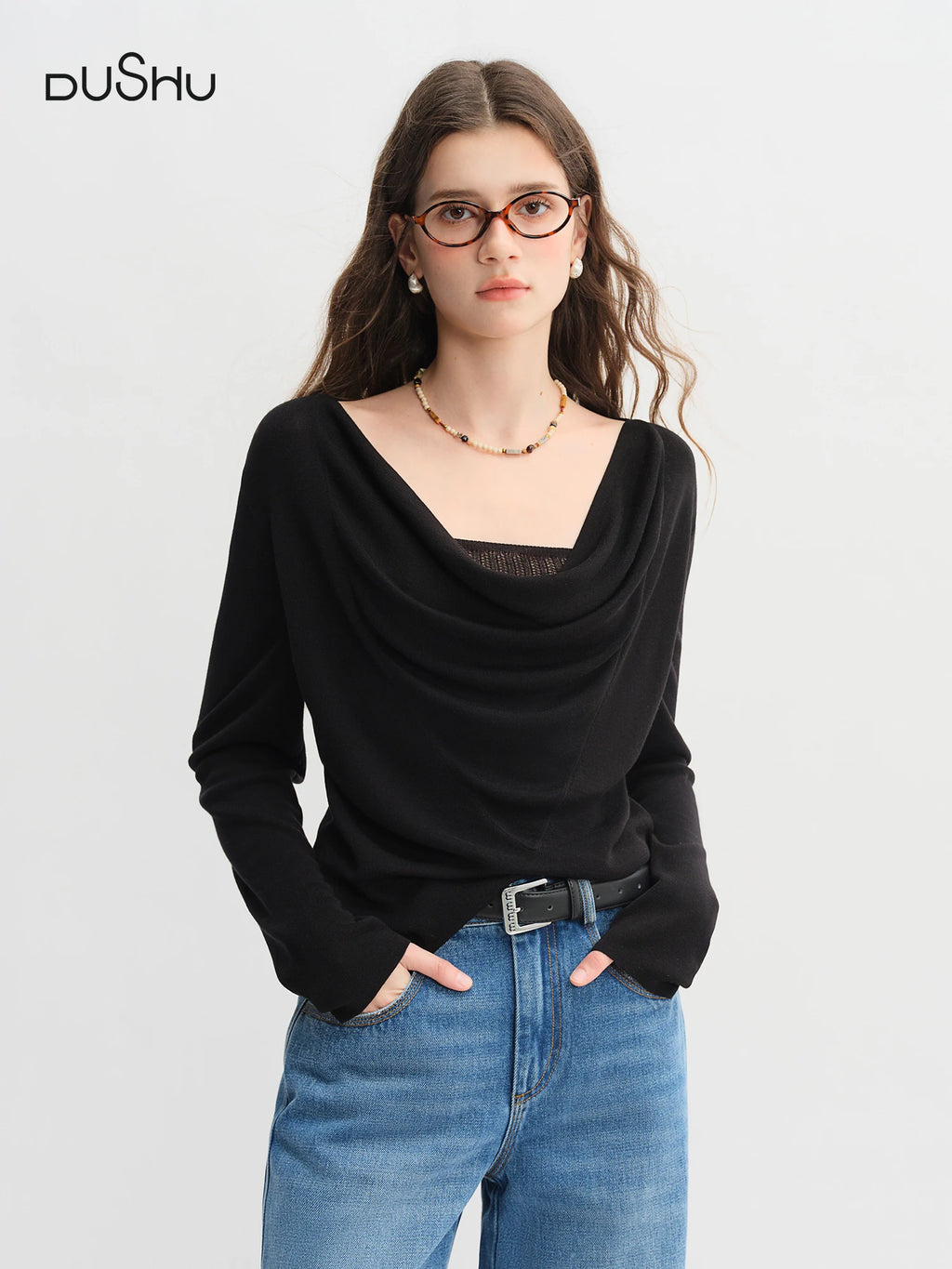 DUSHU Lyocell Slimming Sweater 2025 Autumn New Arrival Black Long-sleeved Top with Ruffled Collar 25DS83052