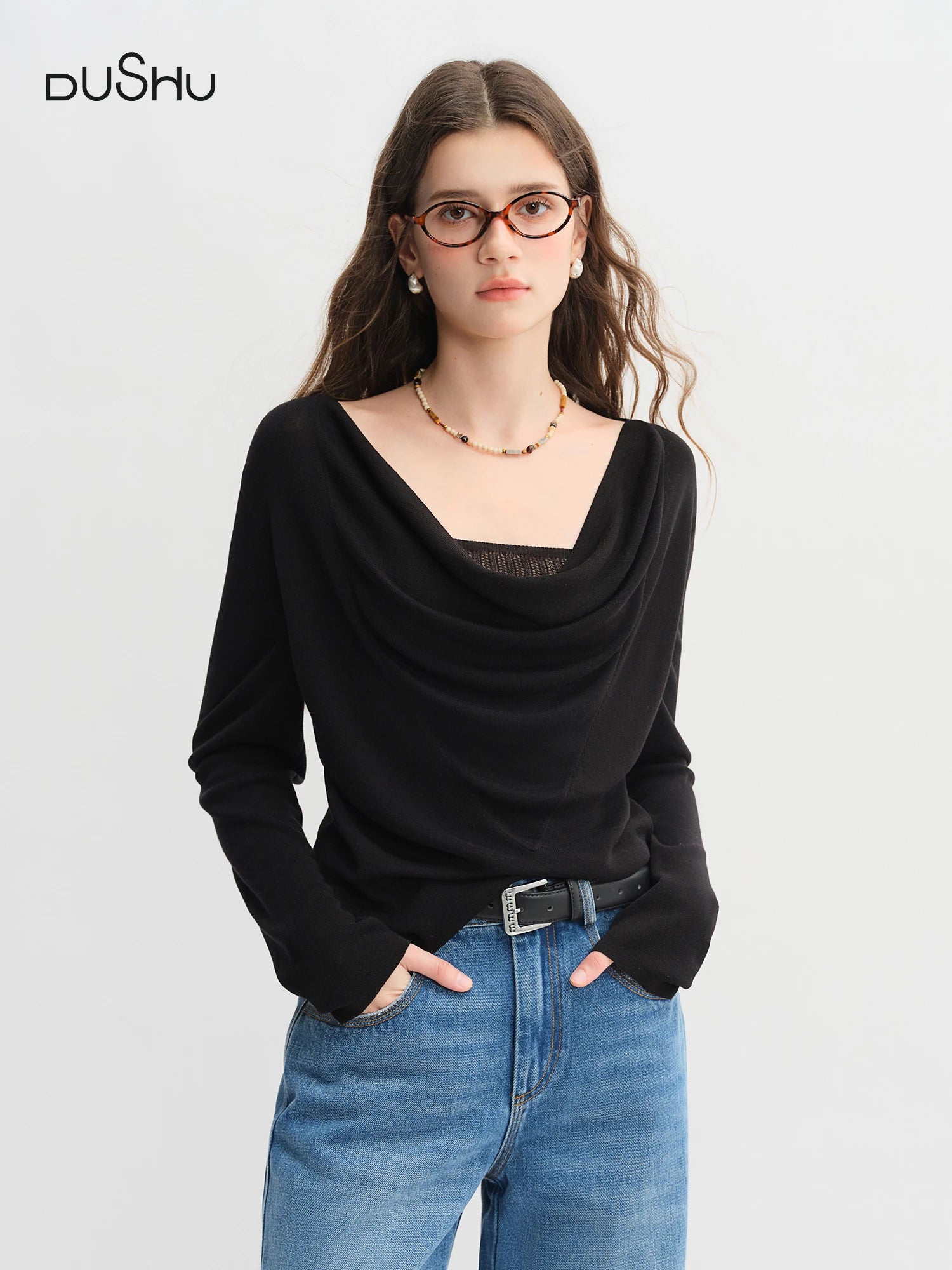 DUSHU Lyocell Slimming Sweater 2025 Autumn New Arrival Black Long-sleeved Top with Ruffled Collar 25DS83052