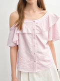 DUSHU 2025 Summer New Style Plus Size Women's Asymmetric Off-Shoulder Ruffled Shirt for Plus-Size Girls Blouses Tops 25DS82414