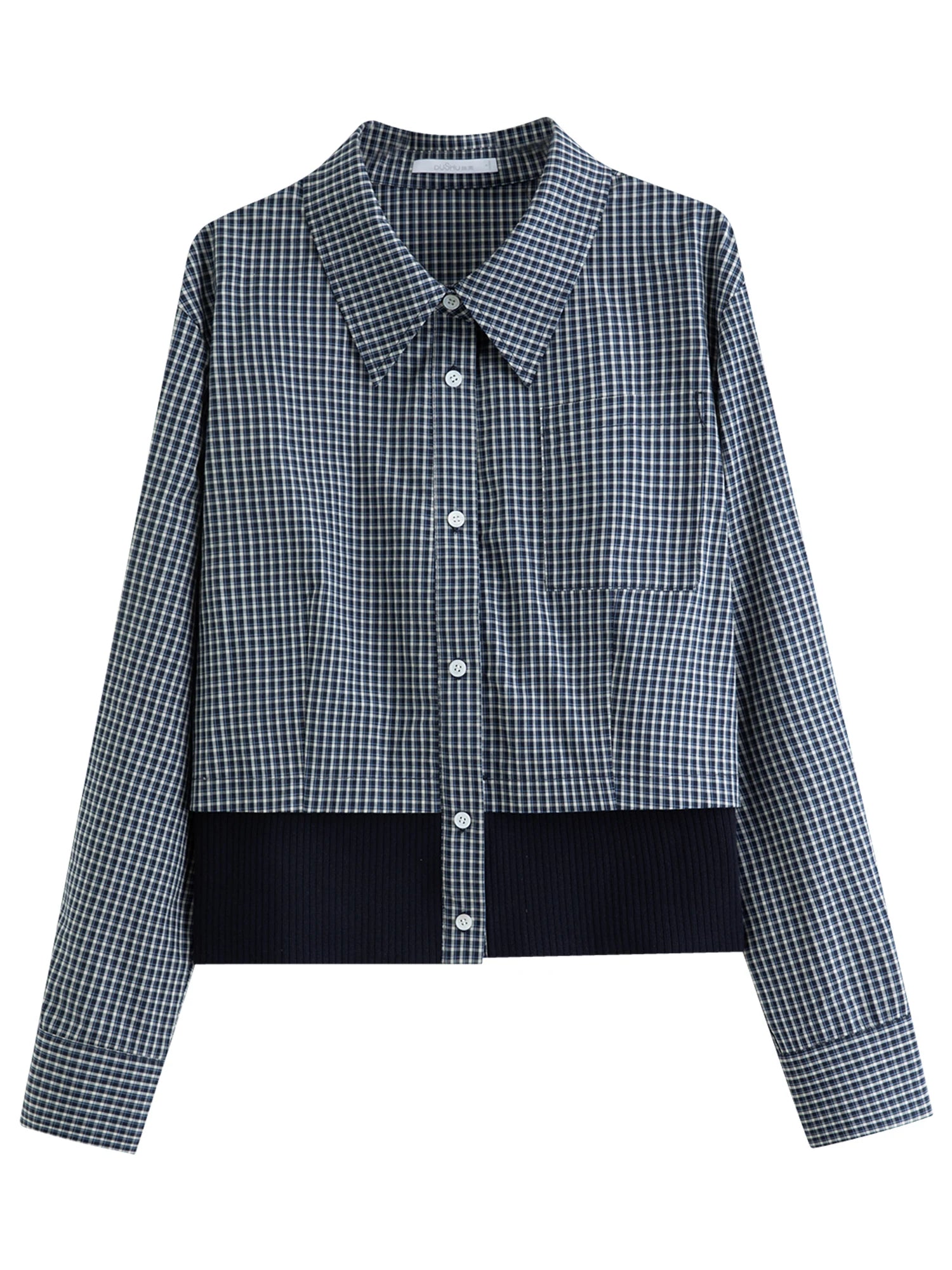 DUSHU 2026 Spring Women's Ribbed Panel Tri-Color Long Sleeve Shirt - Commute Ready Elegant Blouse Versatile Styling for Office