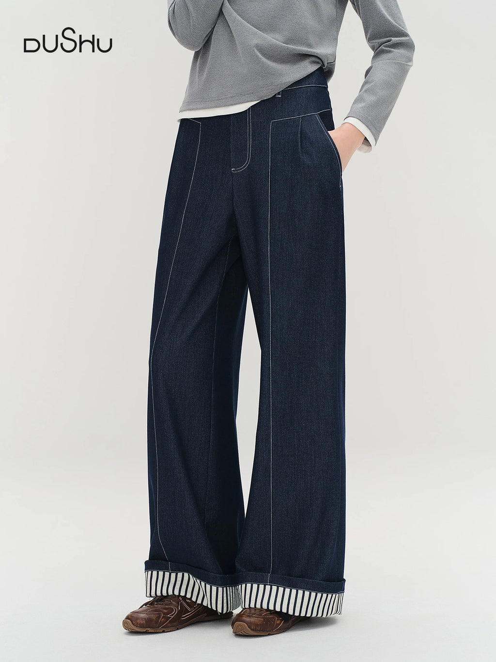 DUSHU Plus Size Women's Retro Rolled-Up Stripe Denim-Style Wide Leg Pants - Autumn 2025 Relaxed Fit Jeans