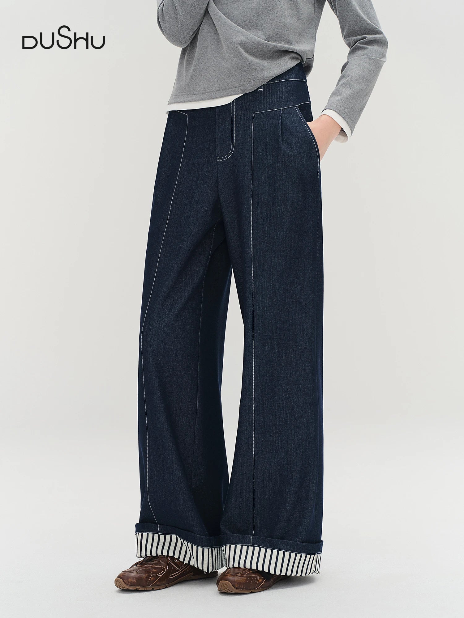 DUSHU Plus Size Women's Retro Rolled-Up Stripe Denim-Style Wide Leg Pants - Autumn 2025 Relaxed Fit Jeans